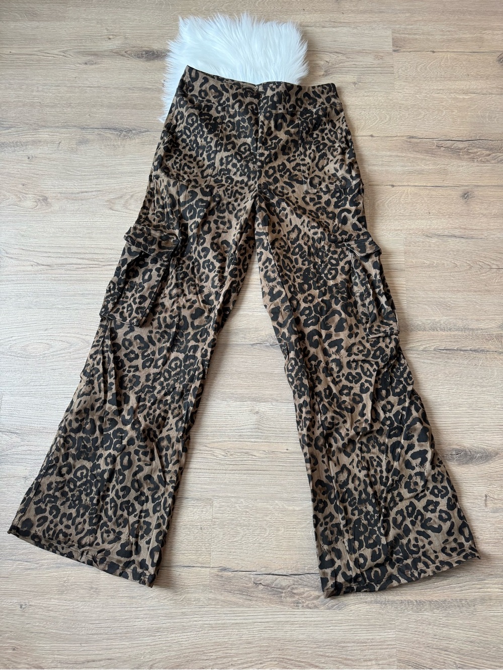 Leopard Print Wide Leg Cargo Pants - Brown & Black